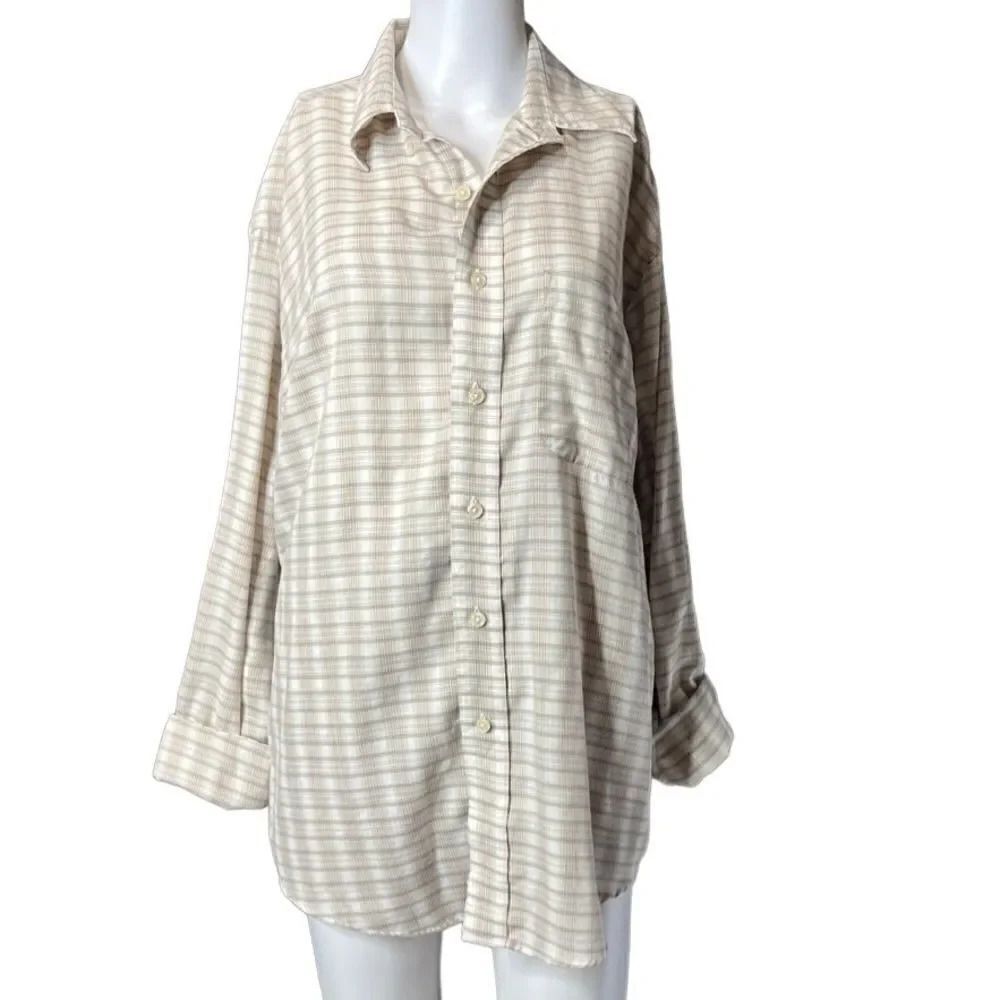 Van Heusen Plaid Short Sleeve Button Down Shirt Beige Medium
